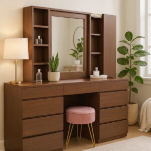 Tocador Con Banca Minimalista Corte 45 Nogal Claro