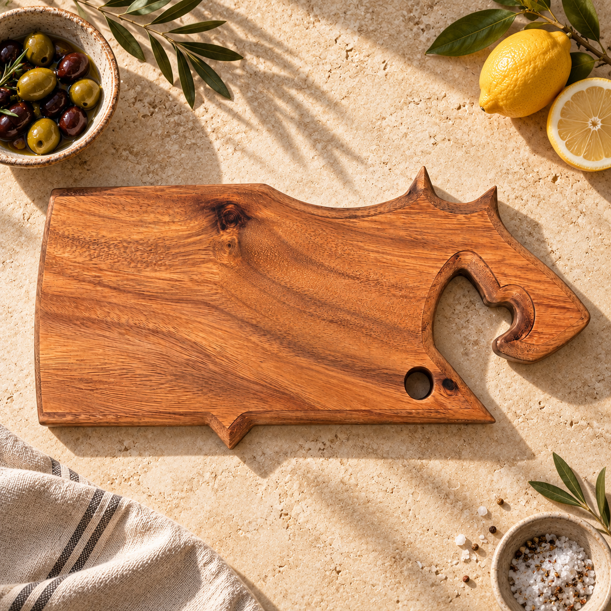Tabla AGUJA de madera de parota en vista superior sobre cubierta de cocina