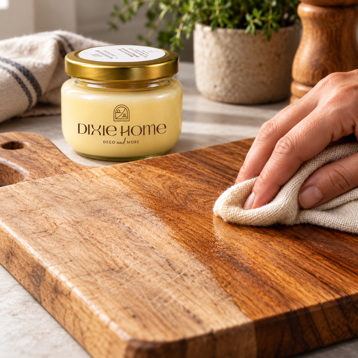 Aplicación de cera de abeja para madera con paño sobre tabla natural reseca y desgastada