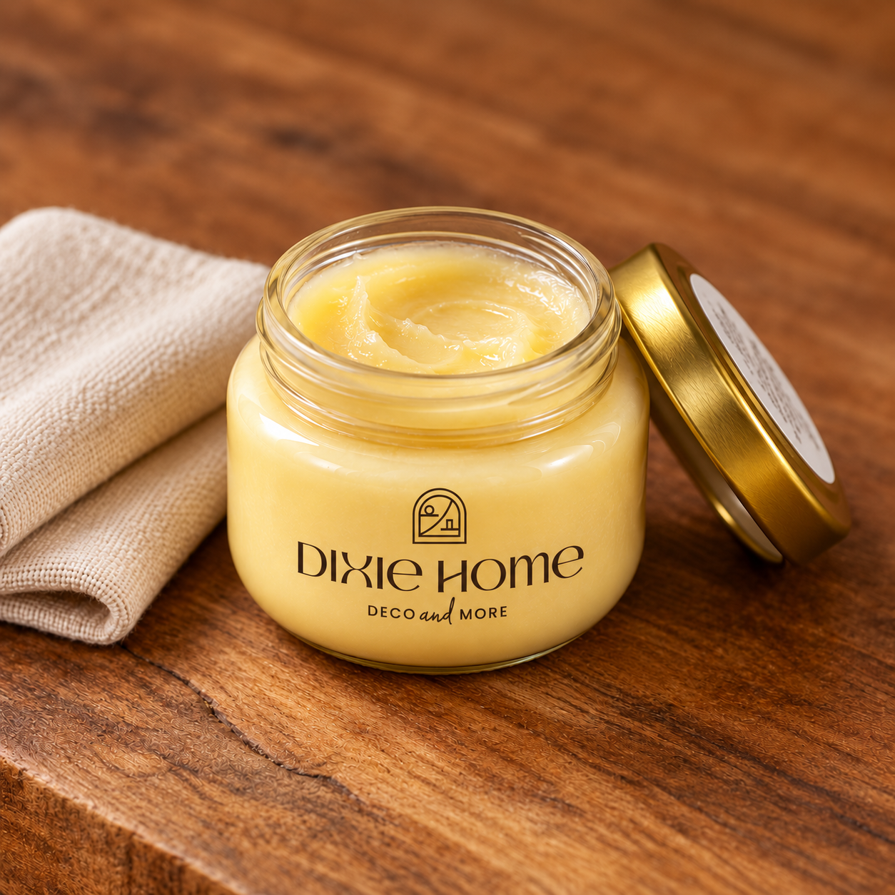 Cera hidratante Dixie Home para madera natural en frasco abierto mostrando su textura cremosa