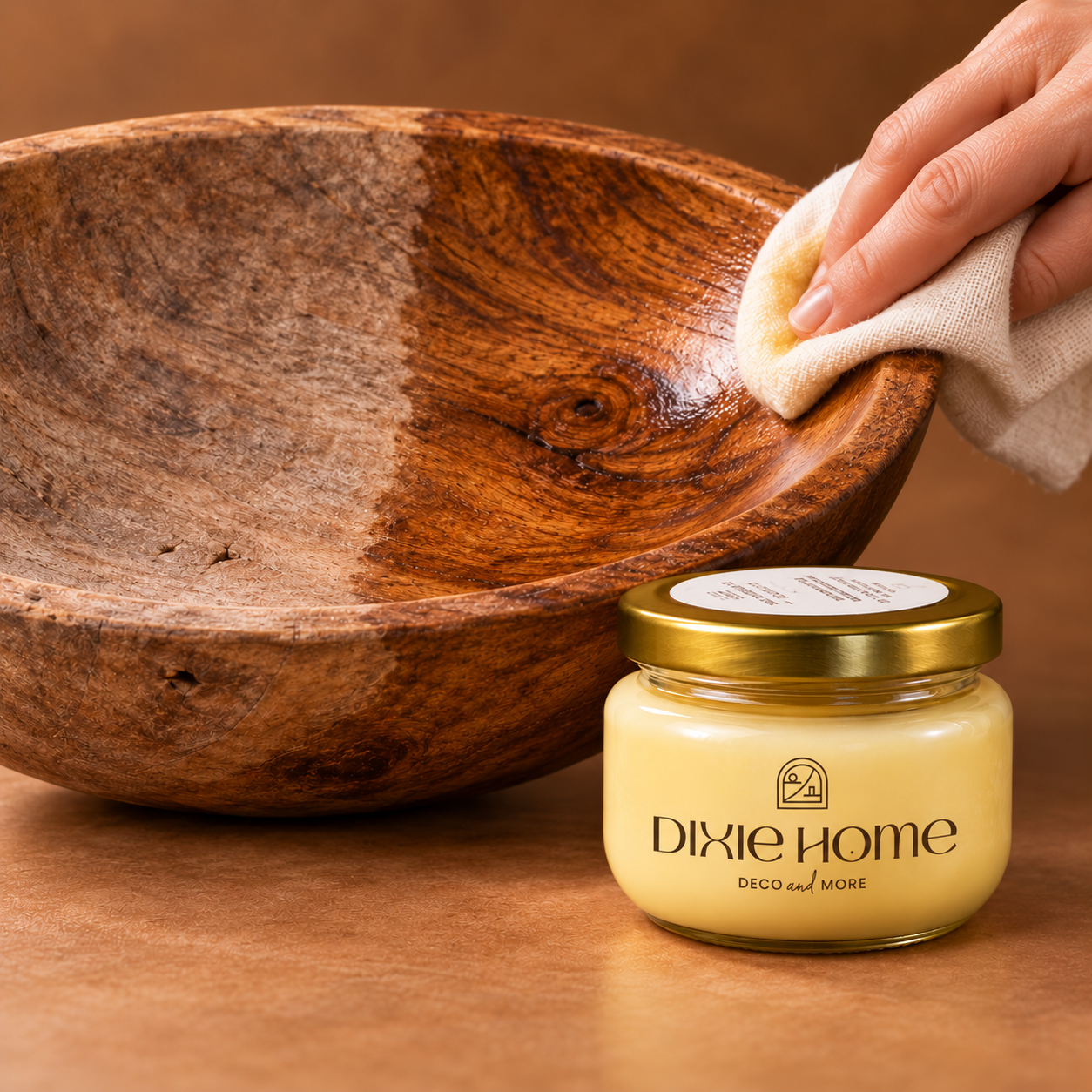 Aplicación de cera de abeja Dixie Home en cuenco de madera mostrando hidratación y recuperación de la veta