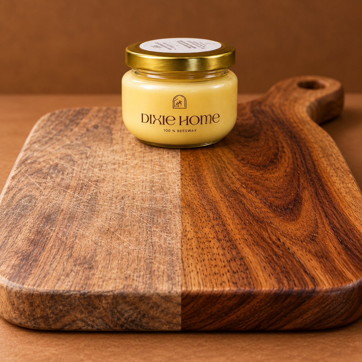 Cera de abeja Dixie Home junto a tabla y utensilios de madera natural hidratados