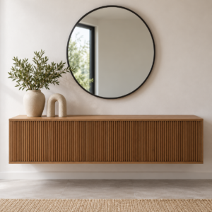 Bufetera VEGA de madera flotante en vista frontal con frente acanalado vertical