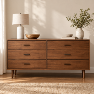 Cajonera JAZE de madera con 6 cajones en vista frontal y patas de madera