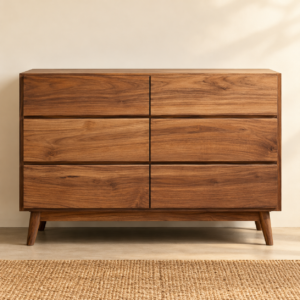 Cajonera de madera con 6 cajones en vista frontal, diseño limpio y uniones ocultas