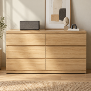 ajonera NIGELIA de madera con 6 cajones en vista frontal y diseño sin jaladeras visibles
