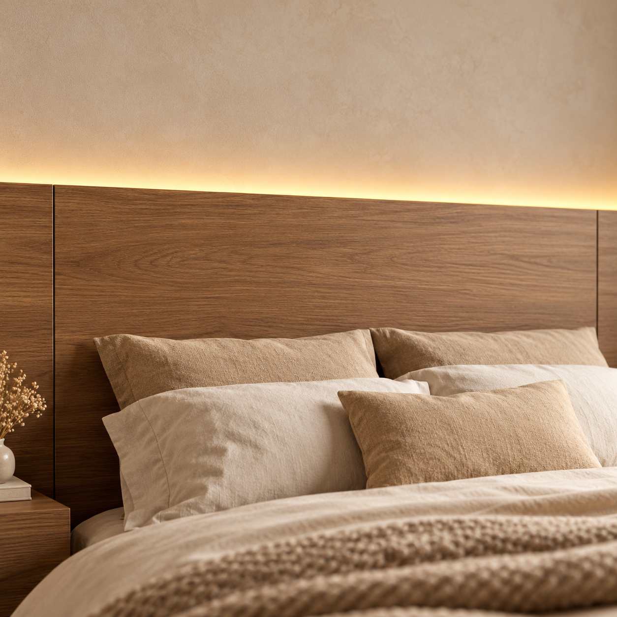 Detalle de la cabecera de madera de la Recámara LITZIE con veta natural e iluminación integrada