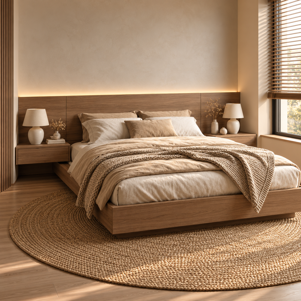 Recámara LITZIE de madera vista en tres cuartos derecha con base baja y burós flotante