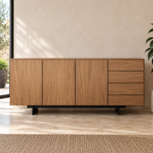Bufetera CÓDICE de parota ambientada en comedor contemporáneo