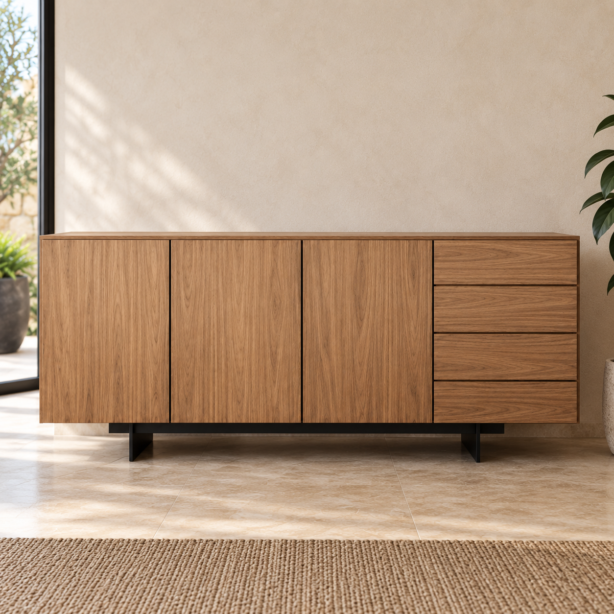 Bufetera CÓDICE de parota ambientada en comedor contemporáneo