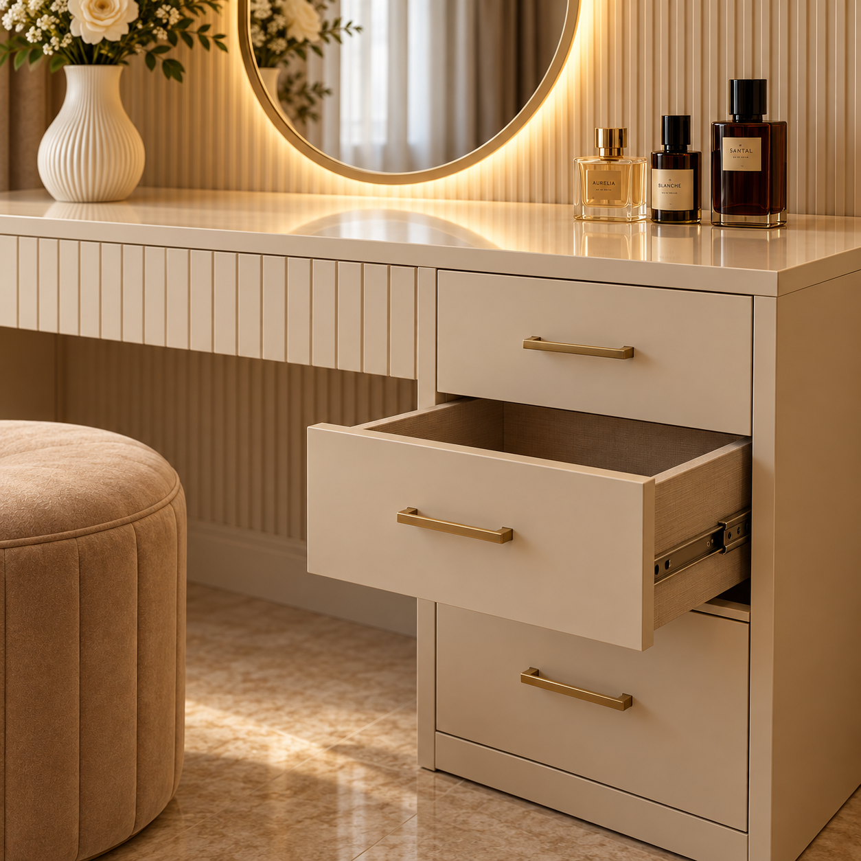Detalle de cajón abierto y herrajes del Tocador CANELA para maquillaje