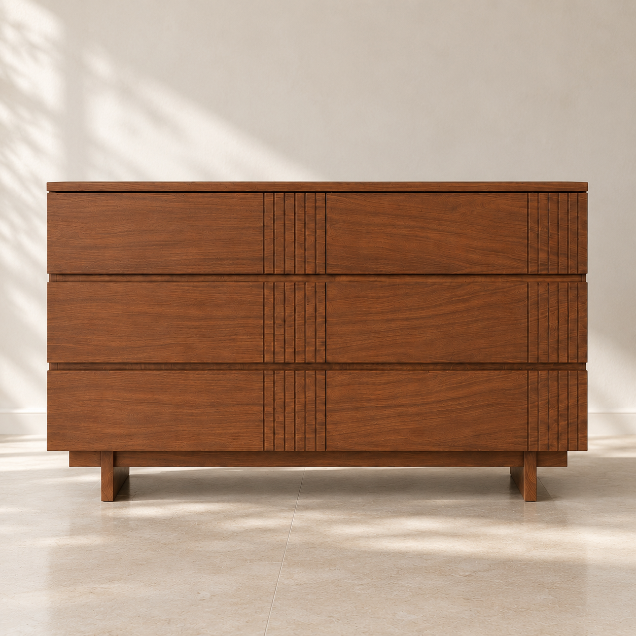 Cajonera Dixie de madera con seis cajones y detalle vertical tipo lambrín