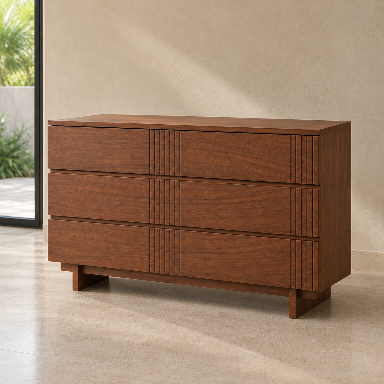 Cajonera de madera de seis cajones vista en tres cuartos