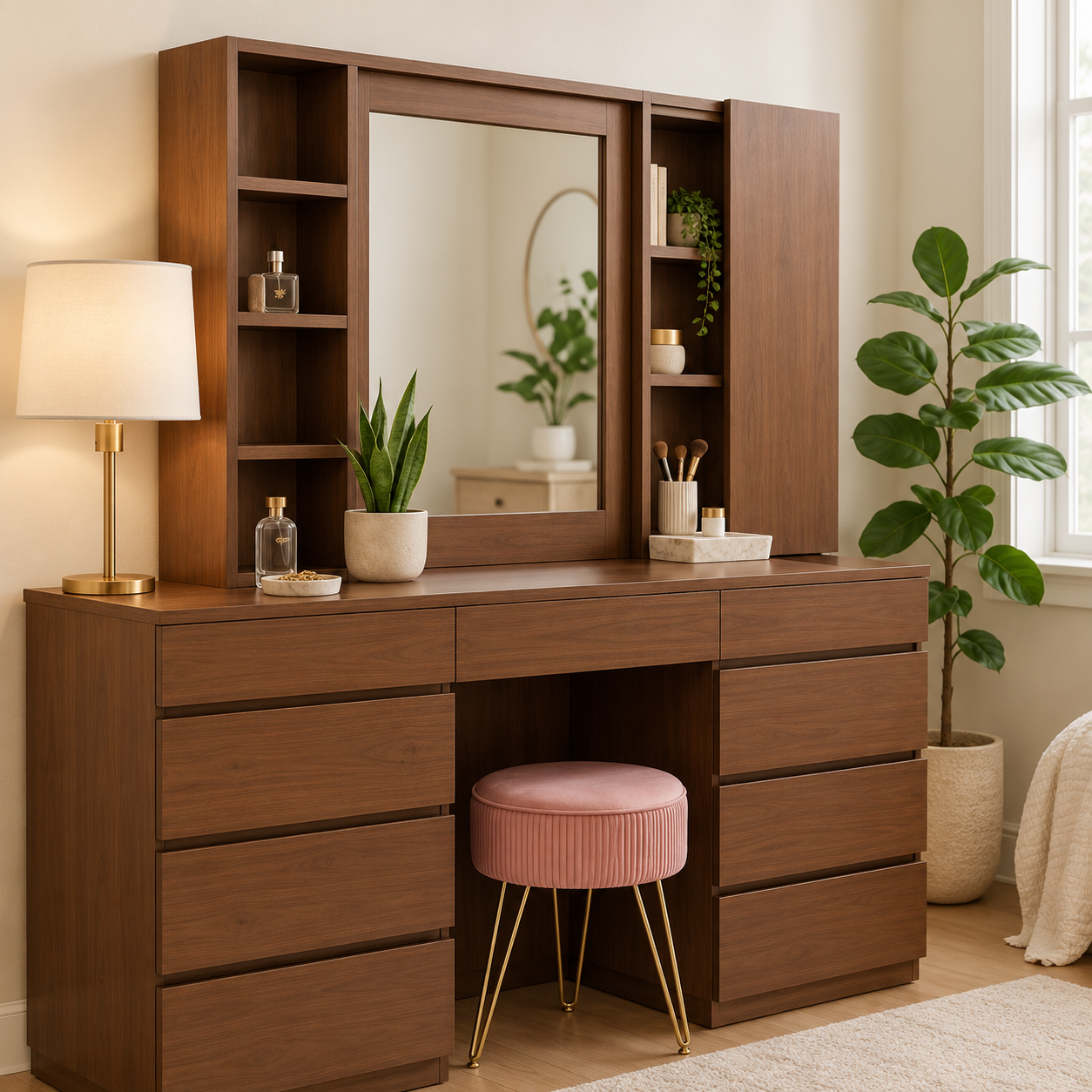 Vista en tres cuartos derecha del Tocador AURA con espejo central y almacenamiento lateral de madera